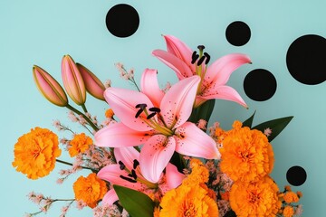 Vibrant bouquet of pink lilies and orange marigolds against a pastel backdrop.