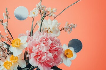 Delicate floral arrangement on a coral background.