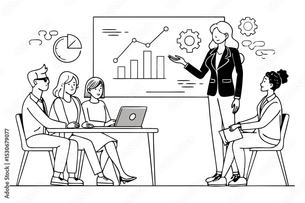 Poster continuous line drawing of a woman writing on a graph isolated on transparent background