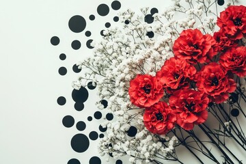 Red flowers and white gypsophila with black circles.