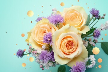 Delicate bouquet of pastel roses and wildflowers.