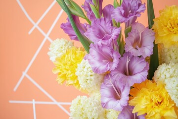 Vibrant flower arrangement in shades of purple, yellow, and white.