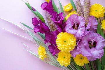 A vibrant bouquet of purple and yellow flowers arranged on a pastel background.