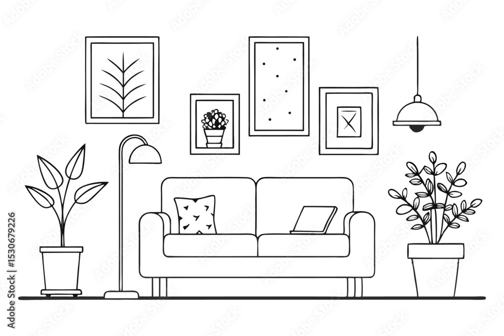 Poster continuous line drawing of interior scene with sofa plant and lamp isolated on transparent backgroun