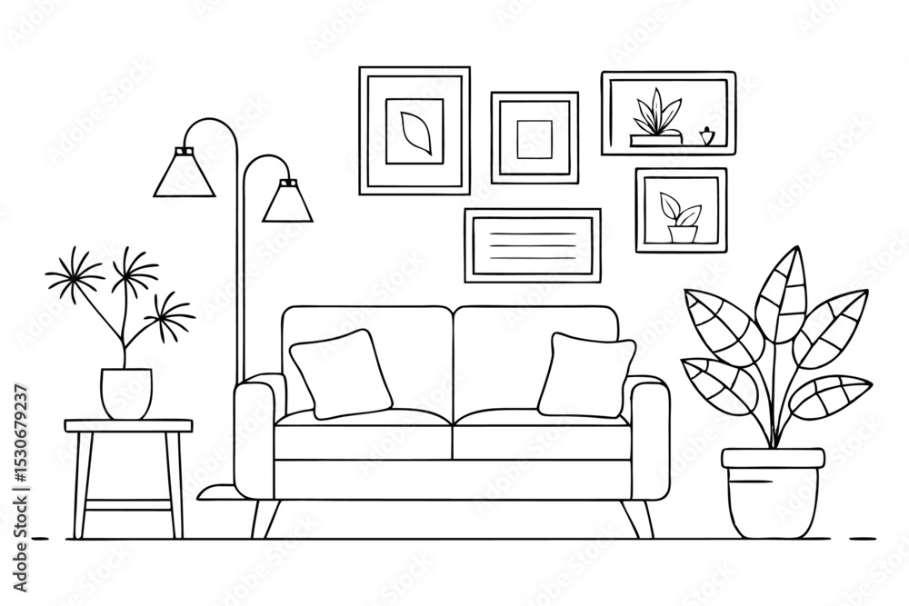 Poster continuous line drawing of interior scene with sofa plant and lamp isolated on transparent backgroun