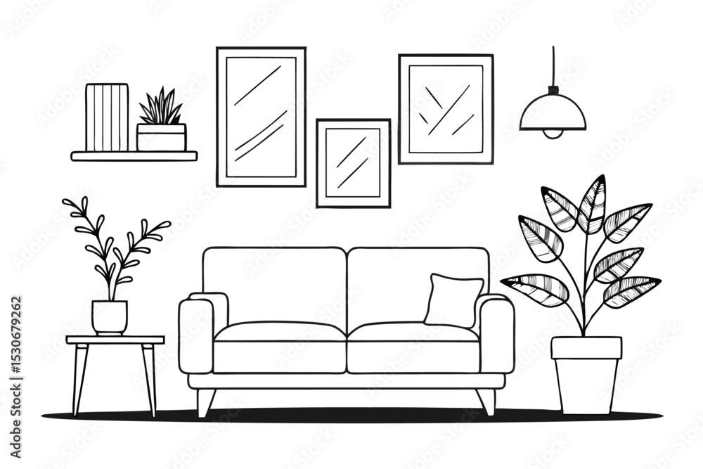 Poster continuous line drawing of interior scene with sofa plant and lamp isolated on transparent backgroun