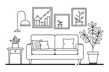 Continuous line drawing of interior scene with sofa plant and lamp isolated on transparent background