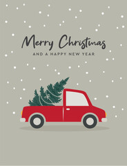 christmas greeting card with car and christmas tree vector illustration