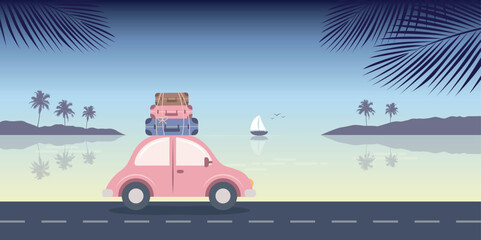 road trip adventure in the wilderness car on tropical landscape vector illustration