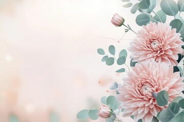 Delicate bouquet of pastel pink chrysanthemums and eucalyptus leaves.
