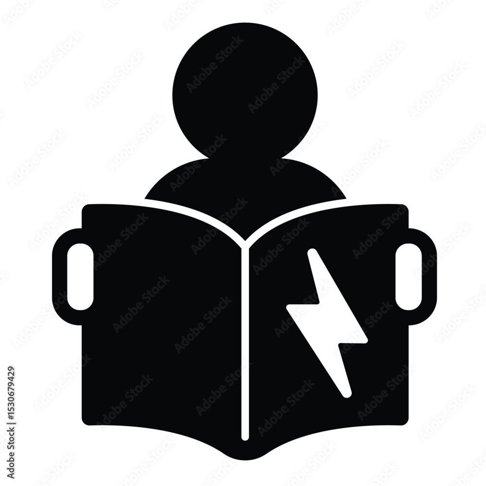Poster man with manual book and lightning solid icon, electrical service concept. vector graphics. electric
