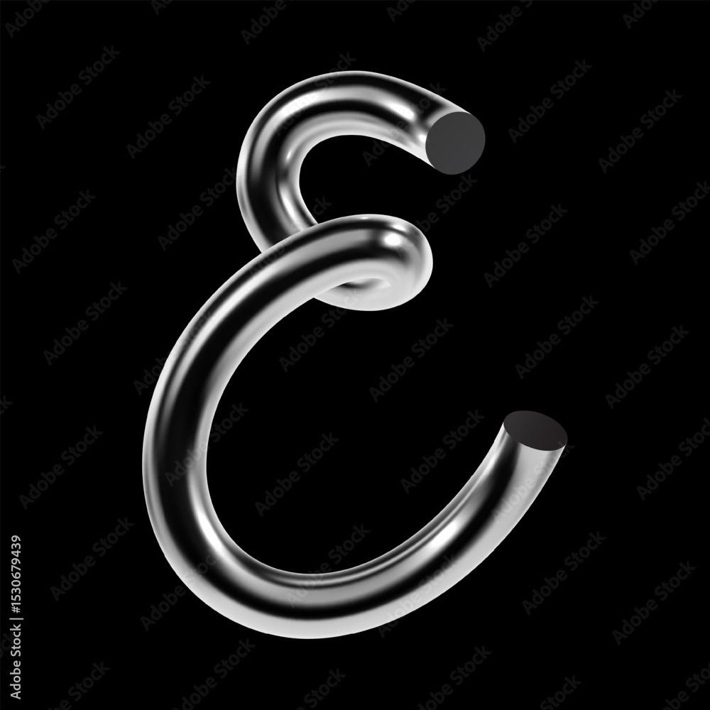 Poster 3d chrome letter e with glossy metallic surface and twisted tubular shape. futuristic vector charact