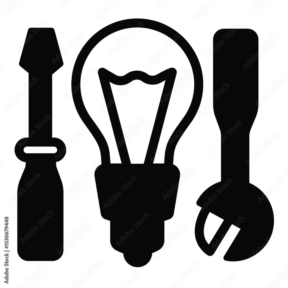 Poster wrench with screwdriver and lightbulb solid icon, electrician service concept. vector graphics. elec