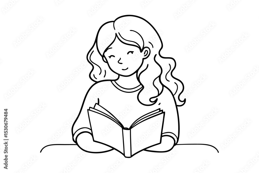 Poster continuous line drawing of a girl reading a book from behind isolated on transparent background