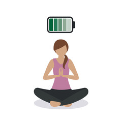 meditating woman with fully charged battery isolated vector illustration