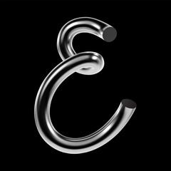 3D chrome letter E with glossy metallic surface and twisted tubular shape. Futuristic vector character in Y2K techno style