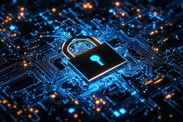 Secure digital circuit board with lock graphic.