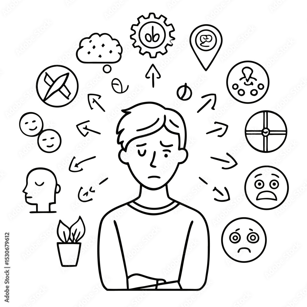 Poster continuous line drawing of a person showing confusion isolated on transparent background