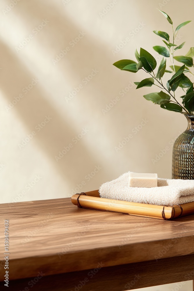 Poster bamboo tray with soap and towels sits on a wooden table, embodying the essence of a natural and mini