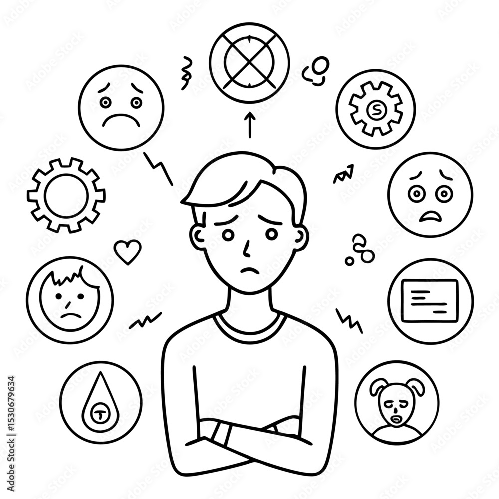Poster continuous line drawing of a person showing confusion isolated on transparent background