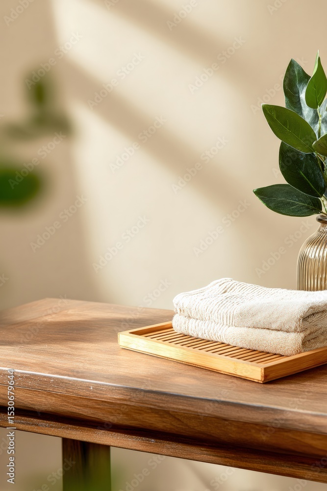 Poster soft sunlight illuminates a polished wooden table featuring a bamboo tray with neatly folded towels,