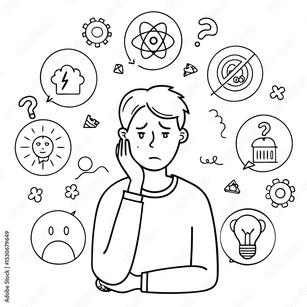 Poster continuous line drawing of a person showing confusion isolated on transparent background