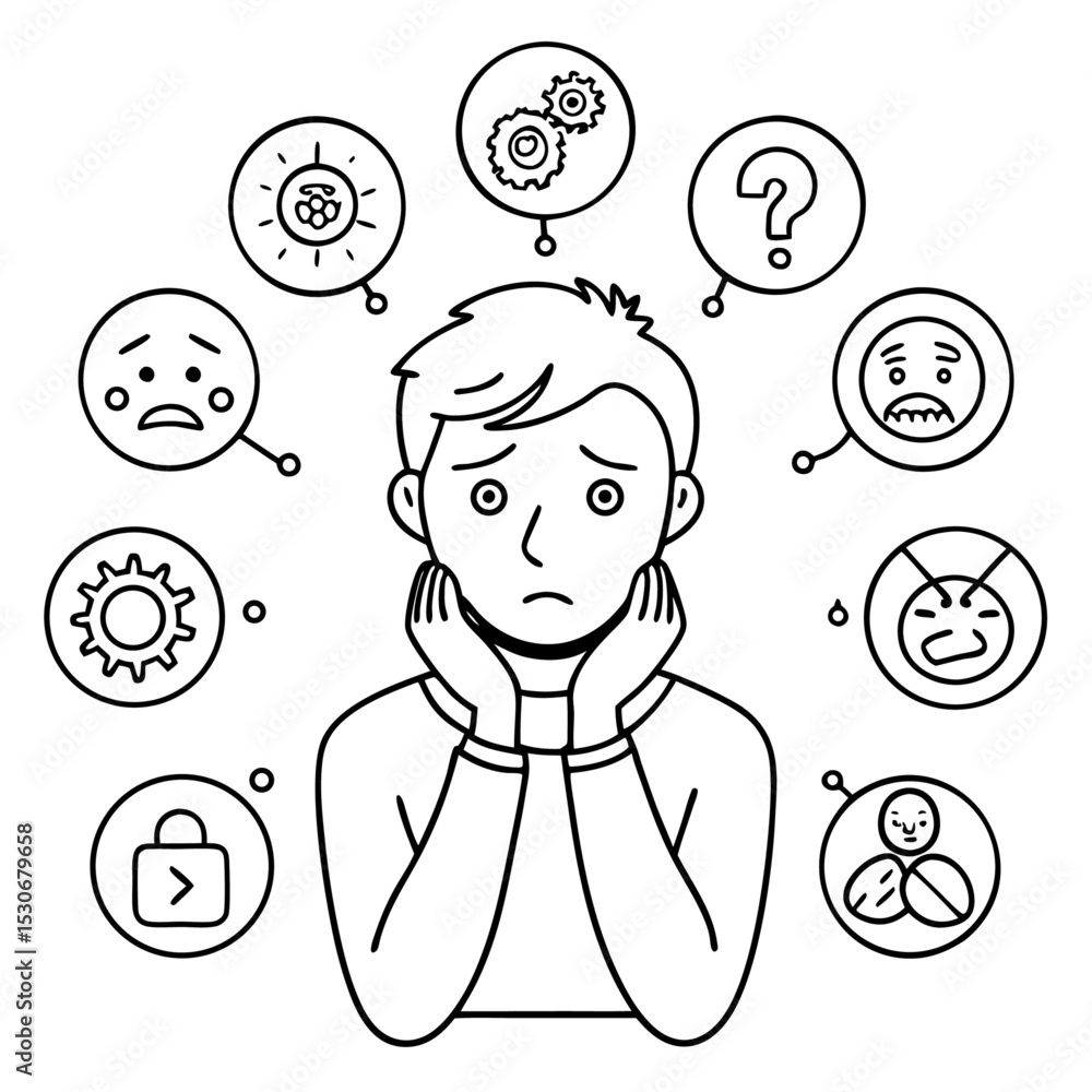 Poster continuous line drawing of a person showing confusion isolated on transparent background