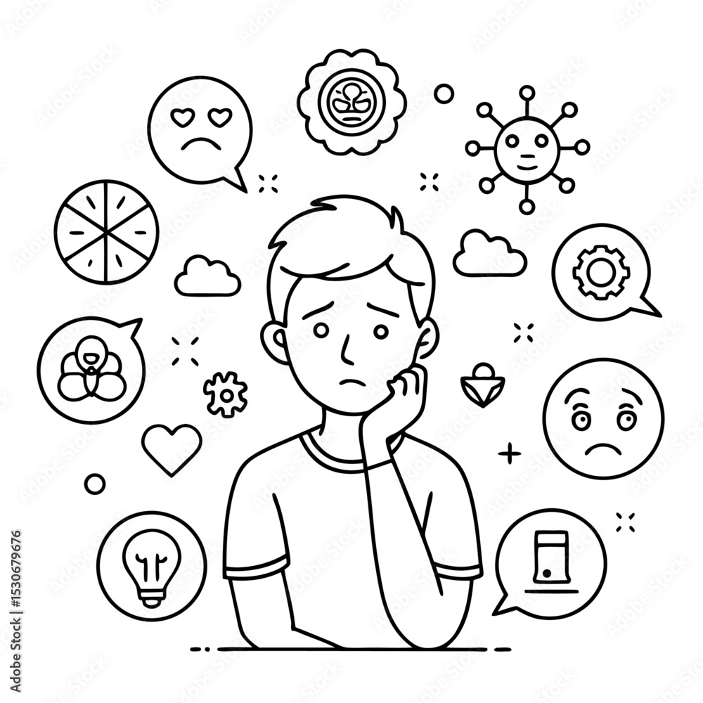 Poster continuous line drawing of a person showing confusion isolated on transparent background