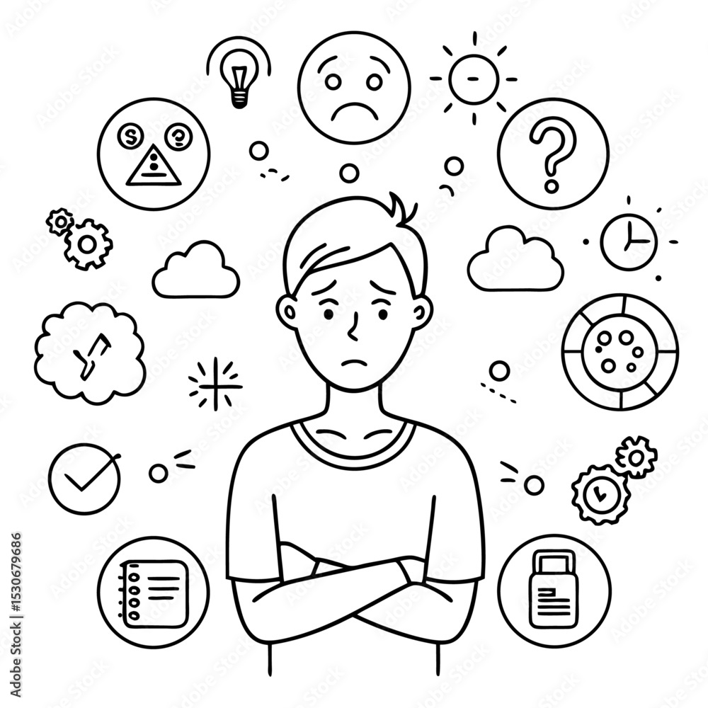Poster continuous line drawing of a person showing confusion isolated on transparent background