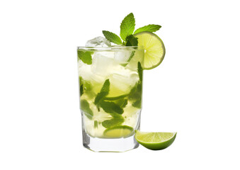 mojito cocktail with green lime and ice cubes isolated on white or transparent png