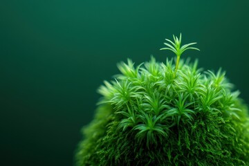 Close-up of vibrant green moss with a small plant emerging.
