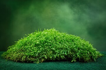Lush green moss pile against a blurred dark green backdrop.