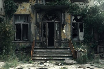 realistic illustration of an abandoned residential building exterior with broken windows
