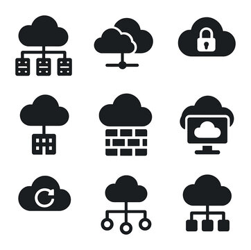 Cloud Computing Icons. Solid, filled icons set of cloud computing infrastructure: cloud architecture, hybrid