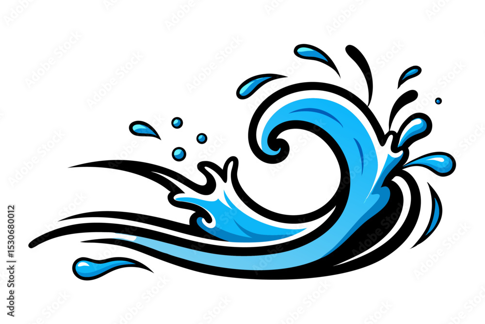 Poster continuous line drawing of water splashes and waves isolated on transparent background