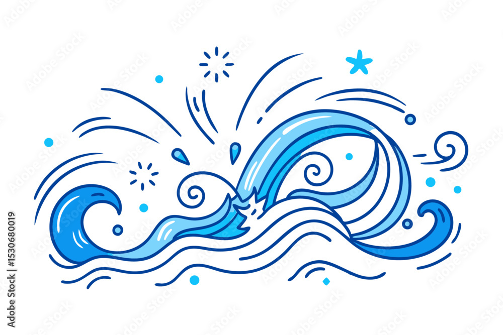 Poster continuous line drawing of water splashes and waves isolated on transparent background