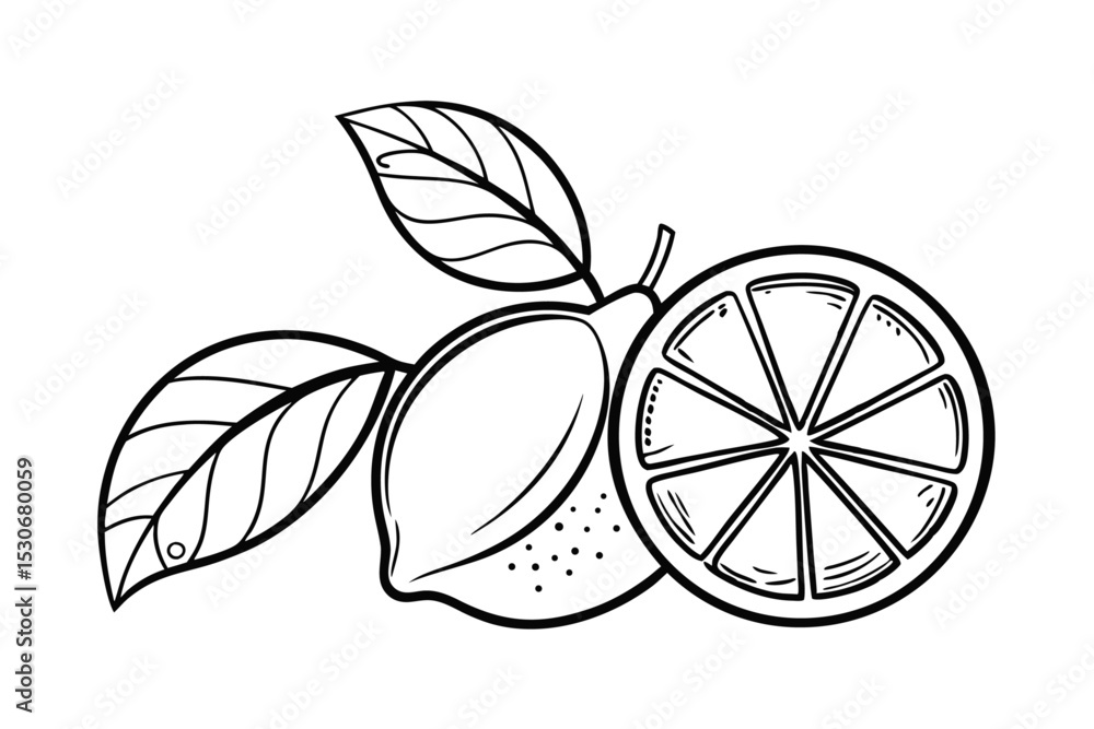 Poster Continuous line drawing of whole and halved lemons isolated on transparent background