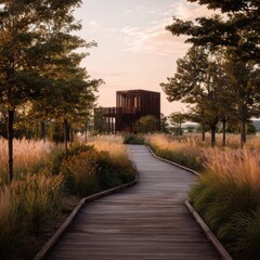 Fototapeta premium Wooden boardwalk curving towards a dark, modern structure nestled in a tranquil, grassy landscape at sunset