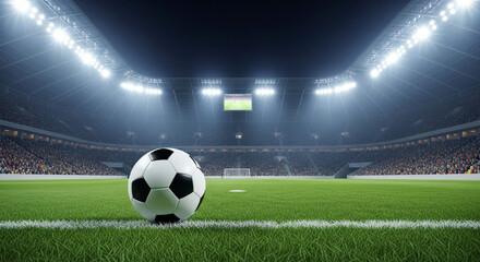 Soccer Ball On Green Field In Illuminated Stadium With Crowd During Night Game