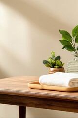 Wooden tray holds soft white towels, accompanied by lush green plants, creating a serene and refreshing spa atmosphere