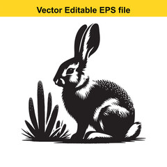 A black and white vector illustration of a rabbit sitting in front of a cactus