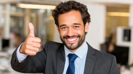 Confident businessman giving a thumbs-up in a modern office environment