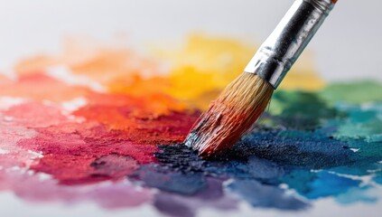 Fototapeta premium Close-up of a paintbrush laden with dark paint, dipping into a vibrant, multicolored palette of textured watercolor or acrylic paints
