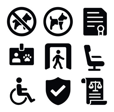 Service Animal Access Icons. Solid, filled icons set of access rights for service animals: no pet symbol,
