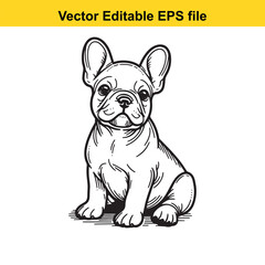 A cute French Bulldog puppy sitting, black and white line art illustration