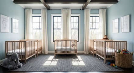 A brightly lit spacious nursery room features four modern wooden cribs and large windows