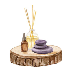 Watercolor composition with aroma stones, diffuser in glass with essential oil and sticks, essential oil on a wooden tray. Can be used on fabrics and paper products and other.