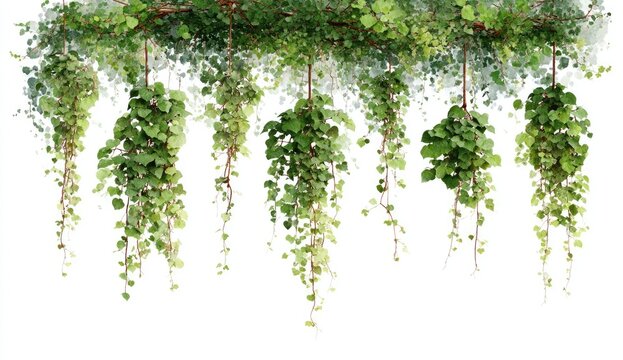 Lush green vines cascade downwards from a branch against a stark white background, creating a visually appealing, natural border