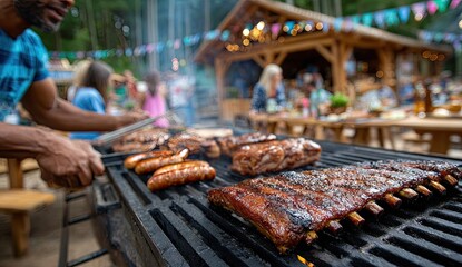A blurred background of an outdoor barbecue event with people enjoying meat and beer, focusing on the grilling process