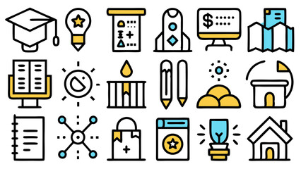 Education Line Icon Set. Graduation Cap, Lightbulb, Rocket, Book, Computer, House, Learning, and More. Outline Vector Icon